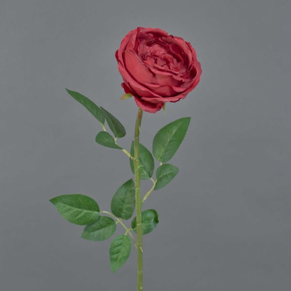 Künstliche Tulpe mit rosa-weißen gefransten Blütenblättern, grünem Stiel und zwei Blättern.