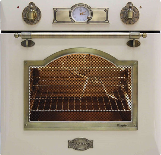 Kaiser Einbaubackofen im Empire Stil mit analoger Uhr und Drehreglern in antiker Optik