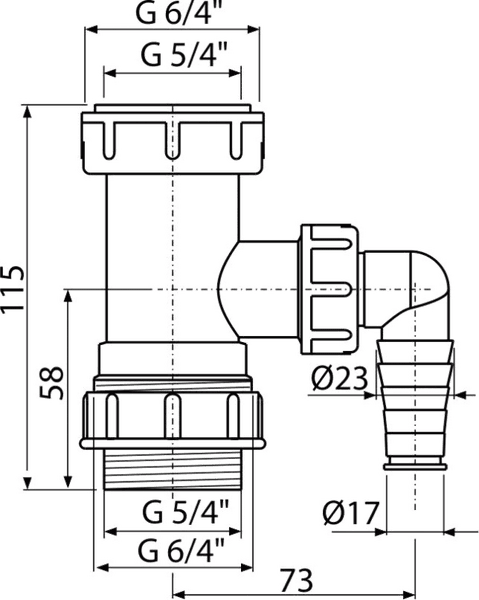 Technische Zeichnung eines Siphon-Anschlussstücks mit Gewindeangaben in Zoll und Maßangaben in Millimetern.