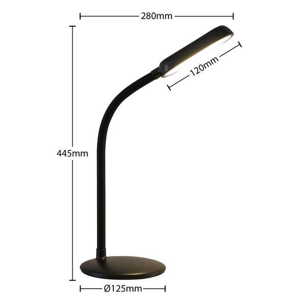 Schwarze Schreibtischleuchte: Höhe 445 Millimeter, Breite 280 Millimeter, Kopflänge 120 Millimeter, Standfuß Durchmesser 125 Millimeter.