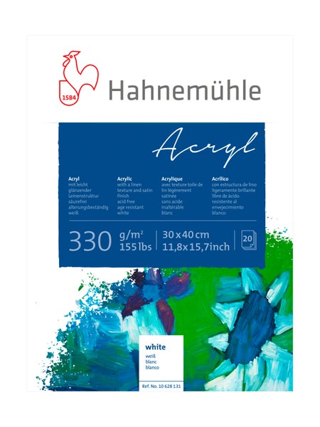 Hahnemühle Acryl Malblock, 330 Gramm pro Quadratmeter, 30 mal 40 Zentimeter, 20 Blatt, glänzend, säurefrei, alterungsbeständig, Leinenstruktur.