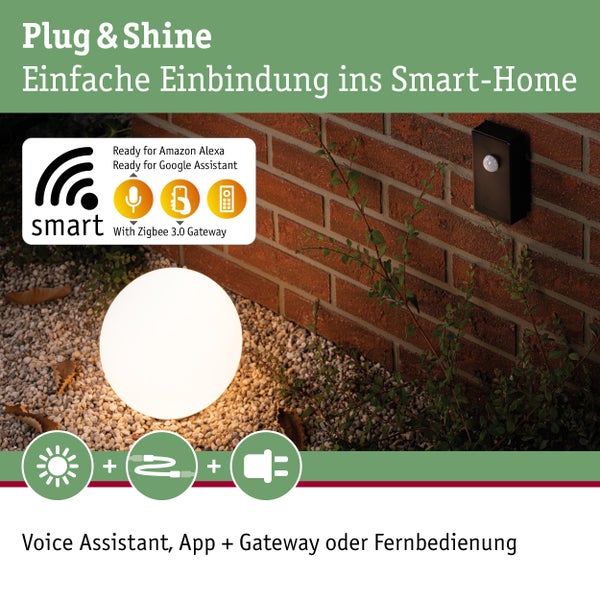 Paulmann Plug & Shine Außenbeleuchtung mit Kugelleuchte und smarter Steuerung, kompatibel mit Zigbee 3.0, Alexa und Google Assistant.