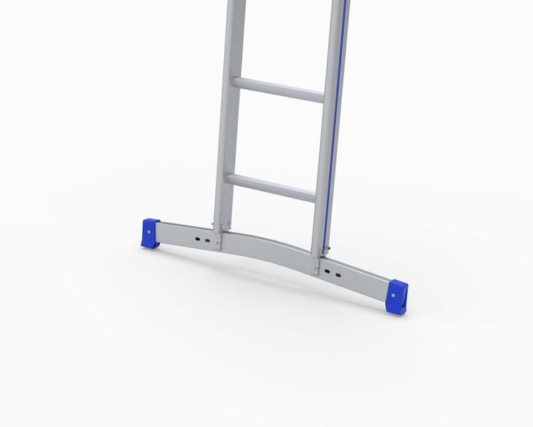 Detailaufnahme einer Aluminiumleiter mit blauen Fußkappen.