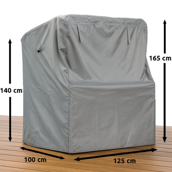 Graue Schutzhülle für Strandkorb, Maße 125 Zentimeter Breite, 100 Zentimeter Tiefe, 140 bis 165 Zentimeter Höhe.