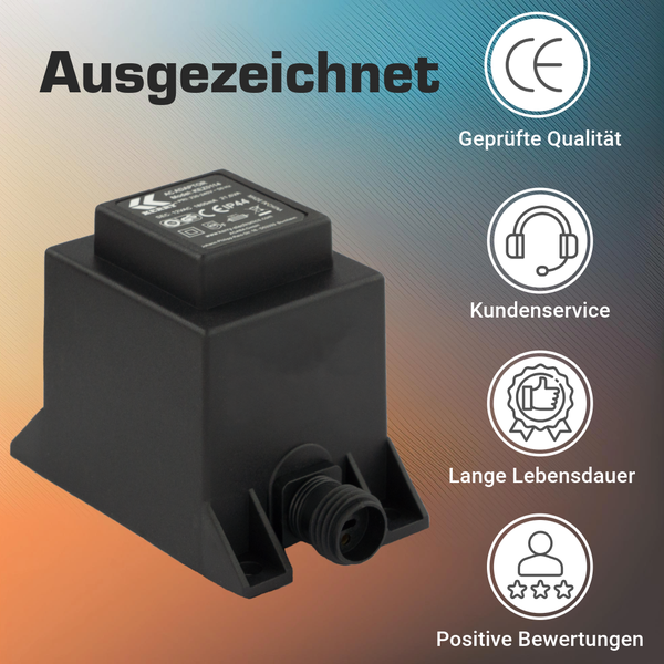 Schwarzer Wechselstrom-Transformator mit CE-Kennzeichnung für geprüfte Qualität, Kundenservice, langer Lebensdauer und positiven Bewertungen.