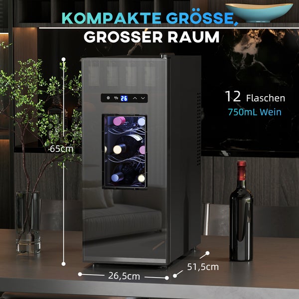 Weinkühlschrank für 12 Flaschen à 750 Milliliter, Maße: Höhe 65 Zentimeter, Breite 26,5 Zentimeter, Tiefe 51,5 Zentimeter.