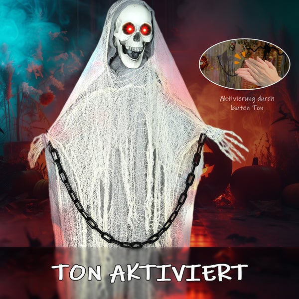 Halloween-Dekoration als Gerippen-Geist mit Ketten und Leuchteffekten, aktiviert durch Geräusche