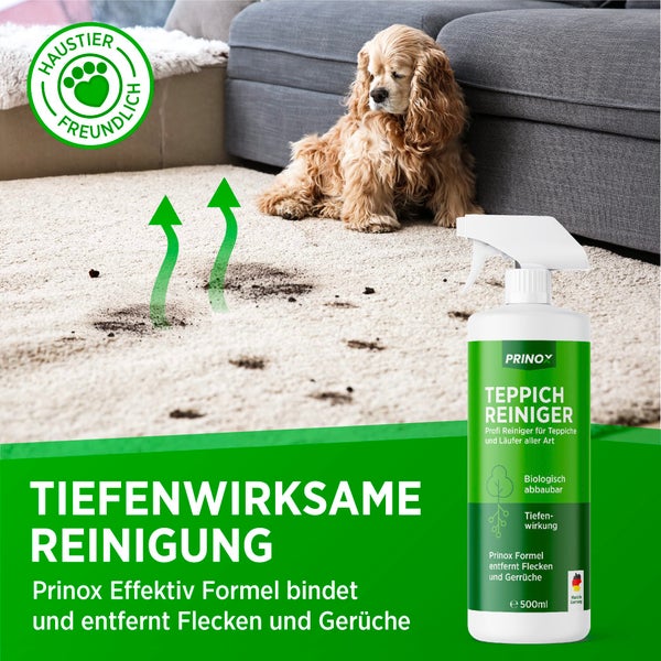 PRINOX® Profi Teppichreiniger 500ml - Teppichboden Reiniger inkl. Teppich Bürste, schäumend für alle Teppiche - Teppich Reinigungsmittel & Fleckenentferner aus Deutschland