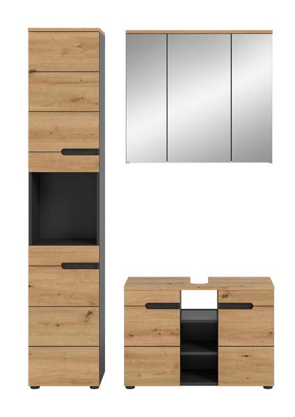 Badezimmermöbel-Set in Eichenoptik mit anthrazitfarbenen Akzenten, bestehend aus Hochschrank, Spiegelschrank und Waschbeckenunterschrank.