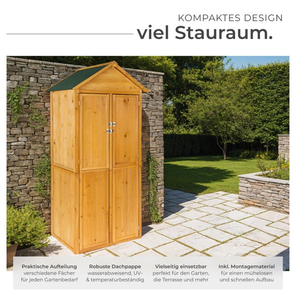 Gartenschrank aus Holz mit Doppeltür und grüner Dachpappe im Garten