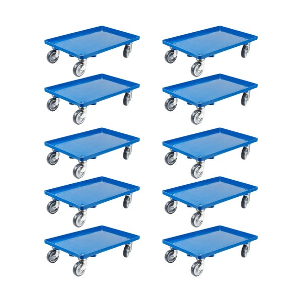 PROREGAL SparSet 10x Transportroller für Euroboxen 60 x 40 cm mit Gummiräder Blau Geschlossenes Deck 2 Lenkrollen und 2 Bockrollen Traglast 300 kg