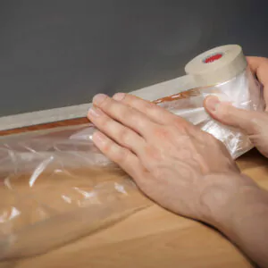 Hände beim Abkleben einer Wand mit einer Abdeckfolie mit integriertem Klebeband vor dem Streichen