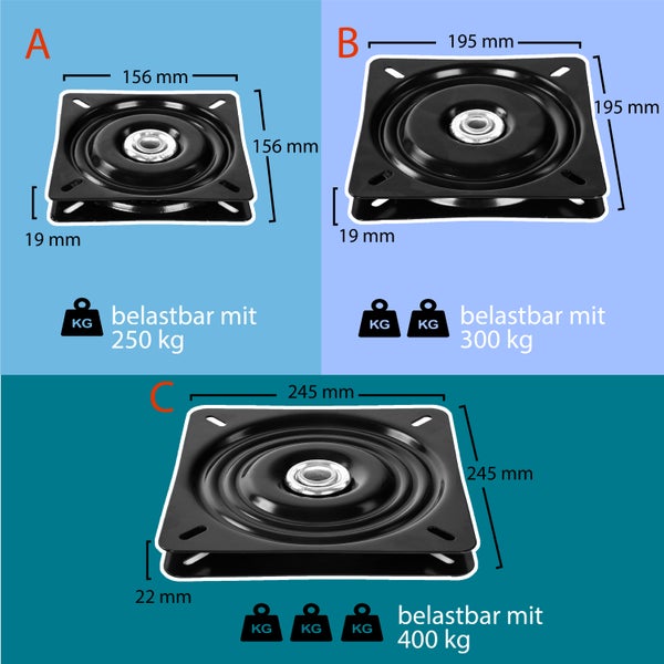 Drei quadratische Drehlager aus Metall mit verschiedenen Maßen von 156 mal 156 Millimetern bis 245 mal 245 Millimetern und Traglastangaben.