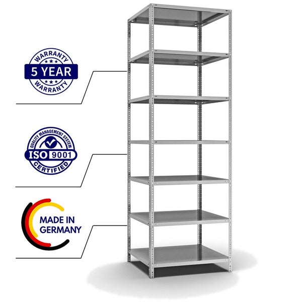 PROREGAL Fachbodenregal Schraubsystem Heavy-Duty Grundregal HxBxT 300 x 100 x 80 cm 7 Ebenen Fachlast 350 kg Beidseitig Nutzbar Verzinkt