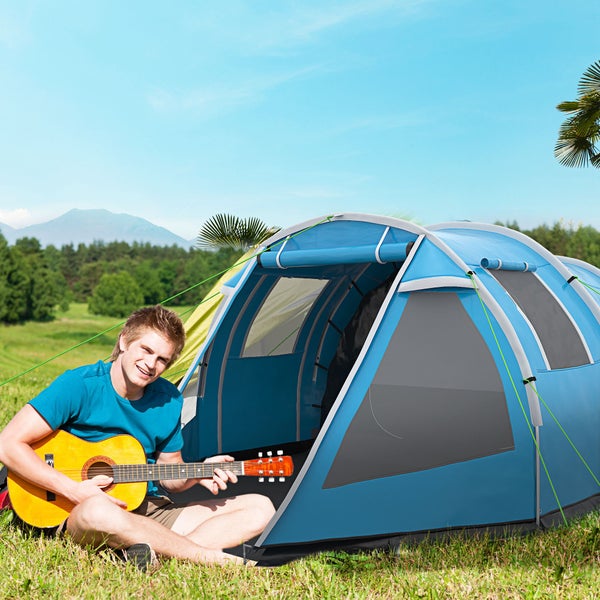 Outsunny Tunnelzelt für 4 Personen, Campingzelt mit 2 Räumen, 475L x 264B x 172H cm, Taft, Blau