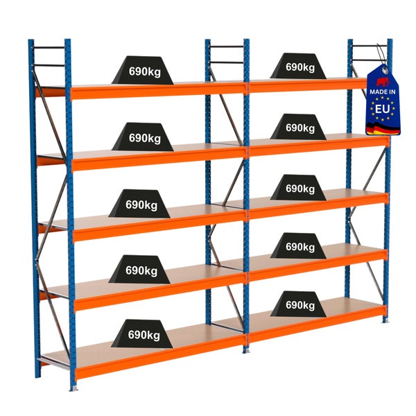Regal mit mehreren Ebenen und einer Traglast von 690 Kilogramm pro Ebene sowie Made in EU Kennzeichnung