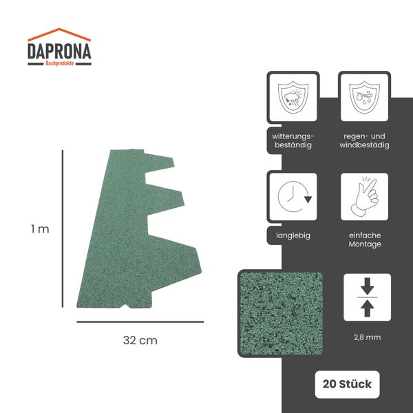Daprona Logo, grüne Dachschindeln, 1 Meter mal 32 Zentimeter, 2,8 Millimeter dick, witterungsbeständig, langlebig, einfache Montage, 20 Stück.