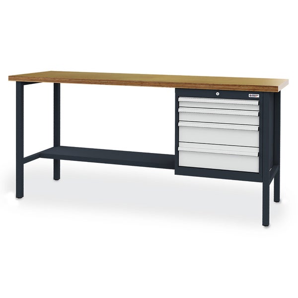 Werkbank mit Arbeitsplatte aus Massivholz, Metallgestell, fünf Schubladen und einem Ablageboden.