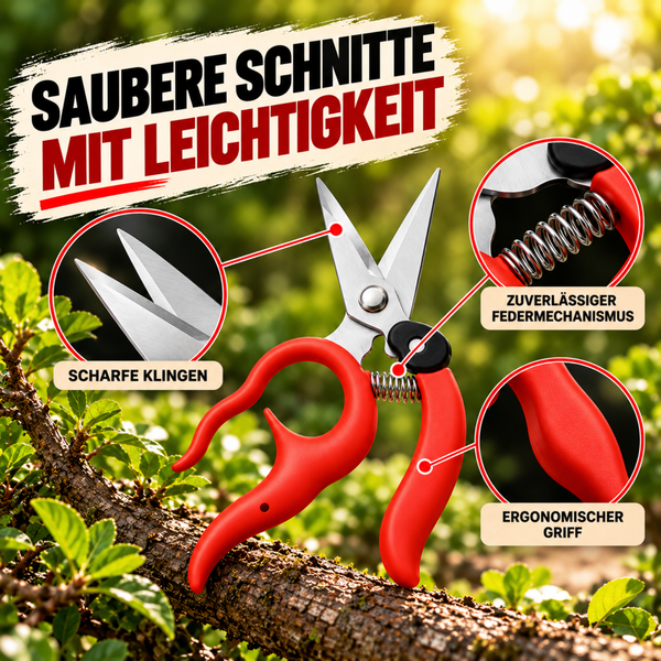Gartenschere mit scharfen Klingen, Federmechanismus und ergonomischem Griff für saubere Schnitte im Garten.