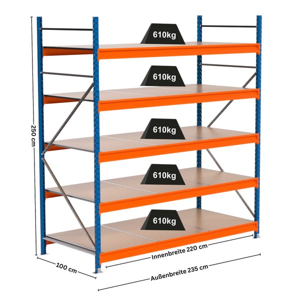 Lagerregal mit fünf Regalböden und Gewichtsangabe