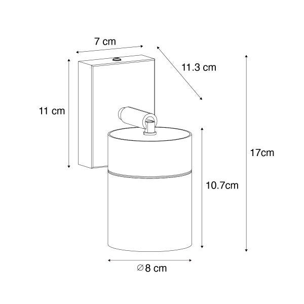 Maßskizze Wandleuchte: Höhe 17, Breite 7, Tiefe 11.3, Lampenkopf Höhe 10.7 und Durchmesser 8 Zentimeter.
