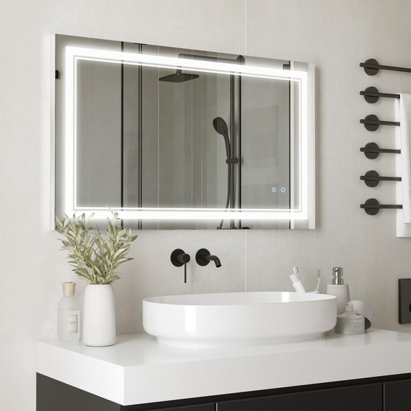 kleankin Badspiegel, Badezimmerspiegel mit LED-Beleuchtung, Wandspiegel mit Touchschalter, 3 Lichtfarben, Lichtspiegel IP44 Wasserdicht, 100 x 60 cm