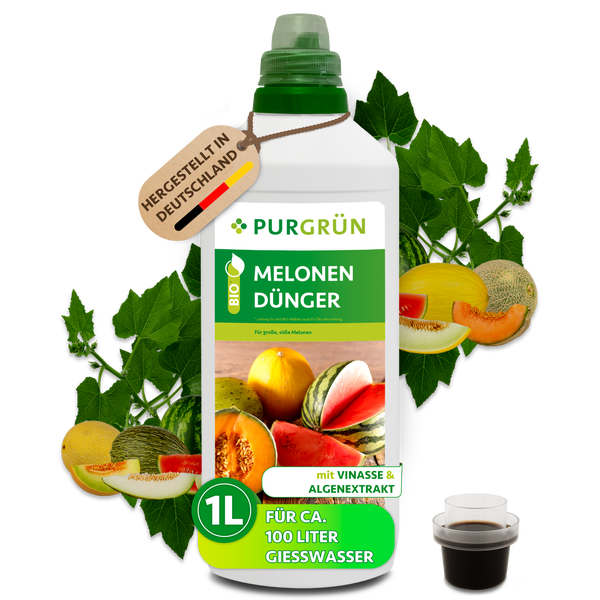 Purgrün Melonen Dünger in einer 1 Liter Flasche mit Vinasse und Algenextrakt für etwa 100 Liter Gießwasser, hergestellt in Deutschland.
