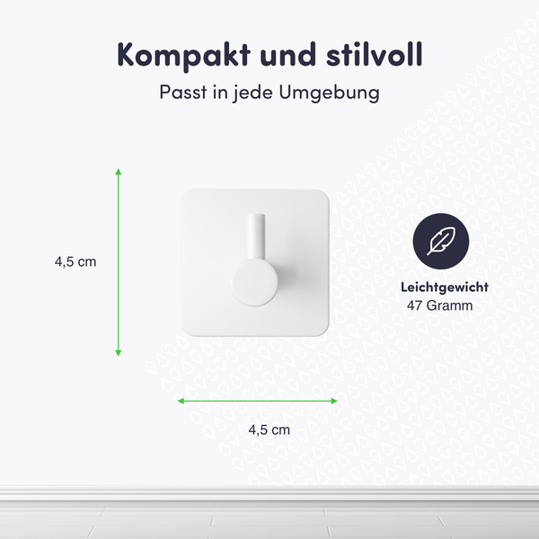Kompakter weißer Wandhaken mit den Maßen 4,5 mal 4,5 Zentimeter und einem Gewicht von 47 Gramm.