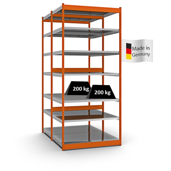 PROREGAL Fachbodenregal Stecksystem Vierkant-Profil Grundregal HxBxT 300 x 132,5 x 80 cm 2x7 Ebenen Doppelseitige Bauart Fachlast 200 kg Orange