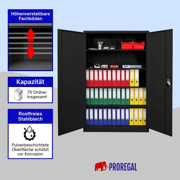 Schwarzer Metallschrank mit höhenverstellbaren Fachböden, Platz für 70 Ordner, korrosionsbeständige Pulverbeschichtung und Proregal Logo.