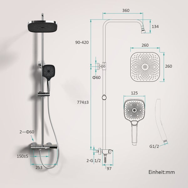 Maßzeichnung eines Duschsystems mit Überkopfbrause, Handbrause und Armatur. Angaben in Millimeter für Breite, Höhe und Durchmesser.