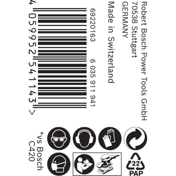 Robert Bosch Power Tools GmbH Logo, Barcode, Herstellungsort Deutschland und Schweiz, Sicherheitshinweise und Recycling Symbol.