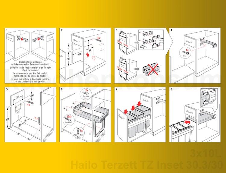 Montageanleitung für das Hailo Terzett TZ Inset 30.3/30 Mülltrennsystem mit acht Schritten zur Installation im Küchenschrank.