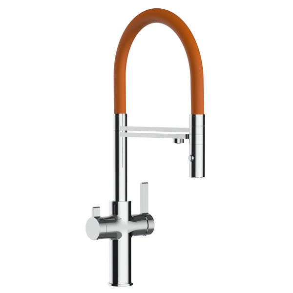 3 Wege Wasserhahn Küchenarmatur, FC, mit 360° schwenkbarem Auslauf, abnehmbare 2 strahl Handbrause, Verchromt / Orange