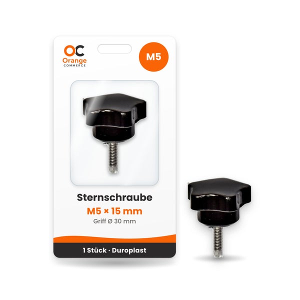 Sternschraube M5 mal 15 Millimeter mit 30 Millimeter Griff aus Duroplast von Orange Commerce Logo