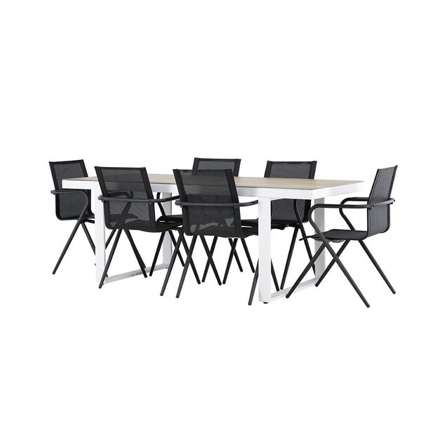 Merlo Gartenset Tisch 90x200cm weiß, 6 Stühle schwarz. 90 X 200 X 75 cm