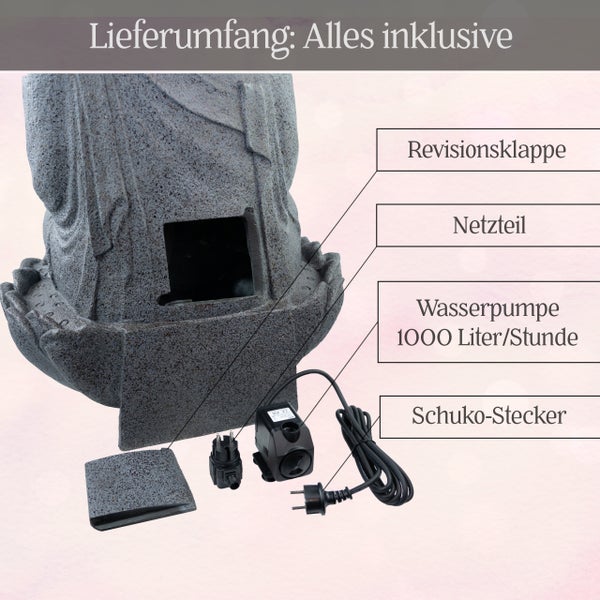 Lieferumfang eines Gartenbrunnens in Steinoptik inklusive Revisionsklappe, Netzteil, Wasserpumpe 1000 Liter pro Stunde und Schutzkontakt-Stecker.