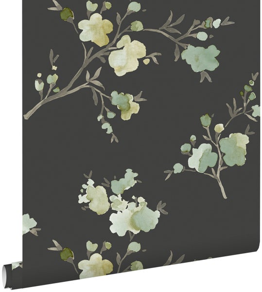 ESTAhome Tapete Kirschblüten Grün, Ockergelb und Schwarz - 0,53 x 10,05 m - 148719