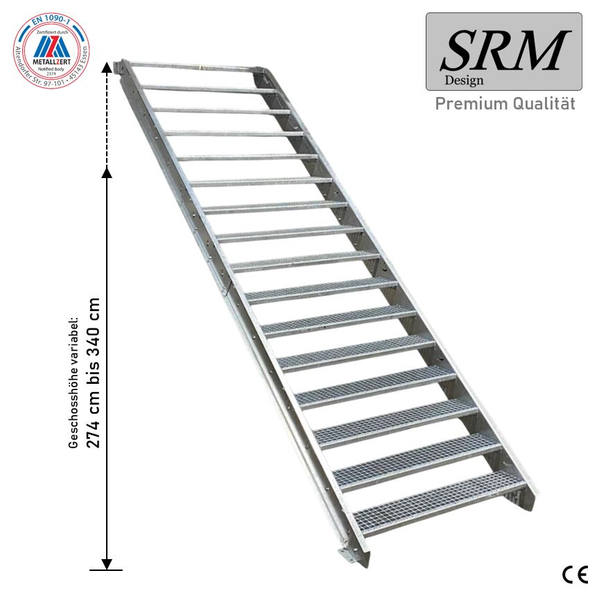 Stahltreppe mit Gitterroststufen, Geschosshöhe variabel von 274 bis 340 Zentimeter.