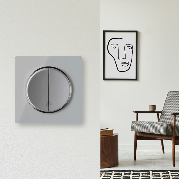 Moderner Jalousieschalter mit quadratischem Rahmen und runder Wippe an einer Wand neben einer stilvoll eingerichteten Wohnzimmerecke.