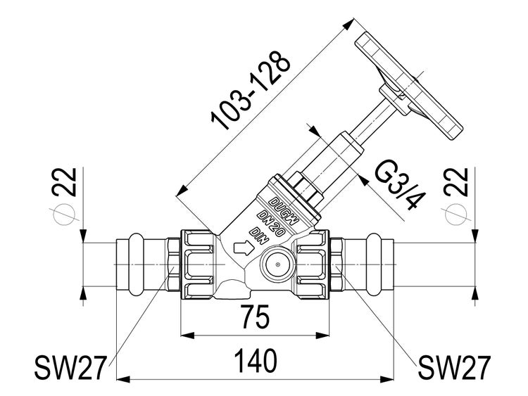 Maßzeichnung eines Schrägsitzventils DN20 mit Durchmesser 22 Millimeter Anschluss und 140 Millimeter Gesamtlänge.