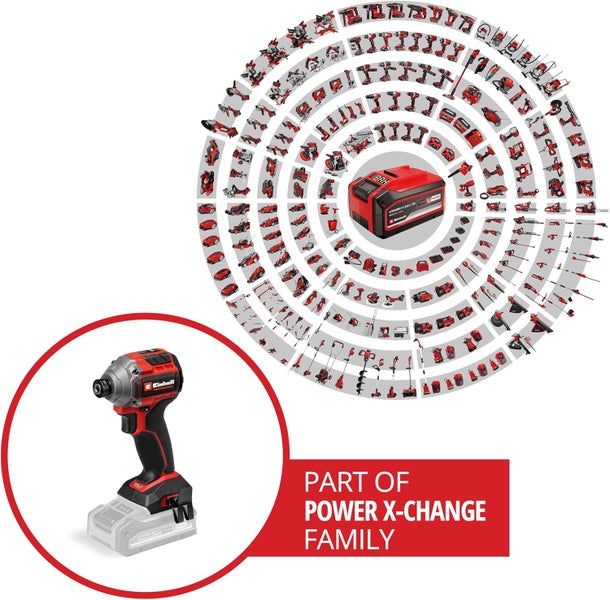 Einhell Professional Akku-Schlagschrauber als Teil der Power X-Change Akku-Familie mit einer Vielzahl an kompatiblen Werkzeugen und Gartengeräten.