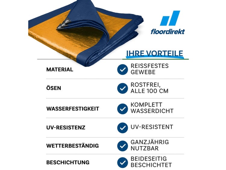 FLOORDIREKT Abdeckplane - Wasserdichte Plane - mit Ösen - Schutzplane - 80 g/m² - 8 x 14 m - Blau-Orange