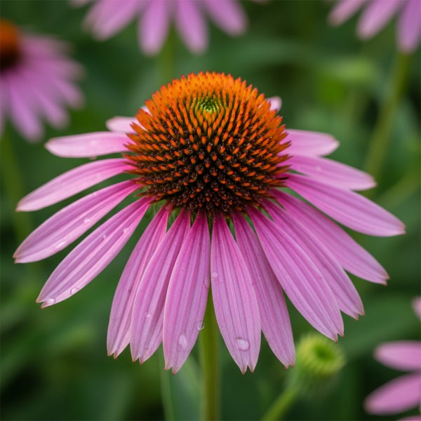 Purpur-Sonnenhut Echinacea purpurea mit rosa Blütenblättern und orangefarbener Mitte.