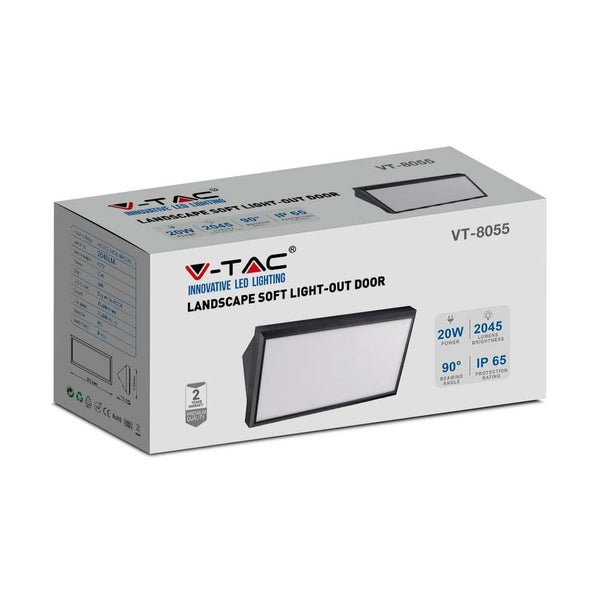 Verpackung einer V-TAC LED Außenwandleuchte, Modell VT-8055, mit 20 Watt, 2045 Lumen, 90 Grad Abstrahlwinkel und Schutzart IP65.