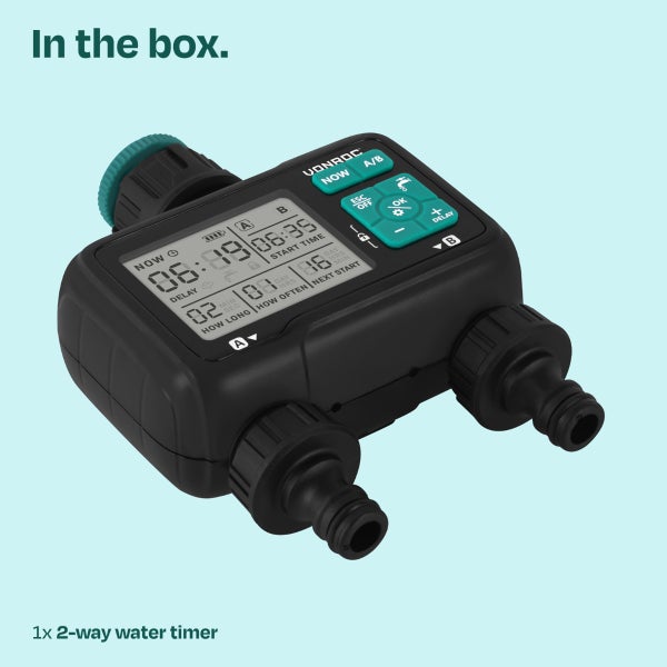 VONROC 2-Wege-Bewässerungscomputer mit digitalem Display und zwei Auslässen für die Gartenbewässerung.