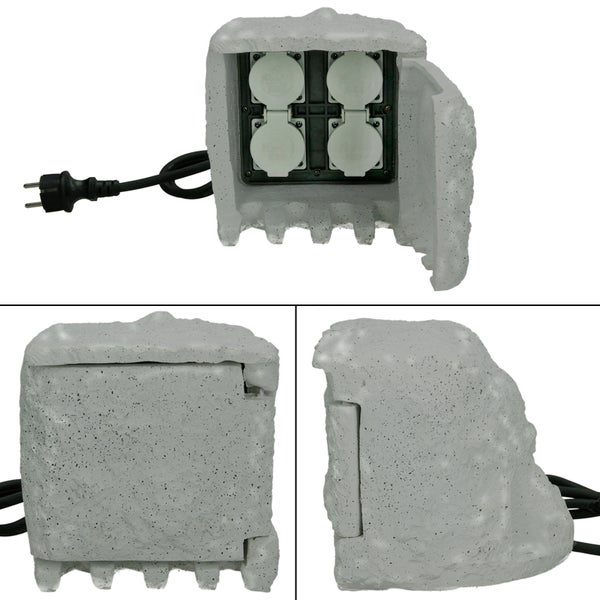 ECD Germany Power Rock Gartensteckdose Steinsteckdose 4-fach mit 1,5m Kabel, Klapptür, in Steinoptik, Dunkelgrau, bis 3680W, IP44 Wetterfest, Außensteckdose Mehrfachsteckdose Steckdose Stromverteiler