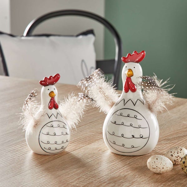 FRANK FLECHTWAREN | Huhn Federn, 2er Set, PORZELLAN, 7 x 7 x 12,5 cm, 9 x 9 x 16,5 cm