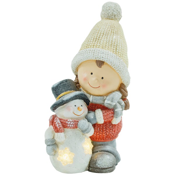 HOMCOM Weihnachtsdeko Figur, Weihnachtswichtel mit Schneemann, 45,5 cm Weihnachtsfigur mit LED-Licht, Dekofigur zu Weihnachten, für In- und Outdoor