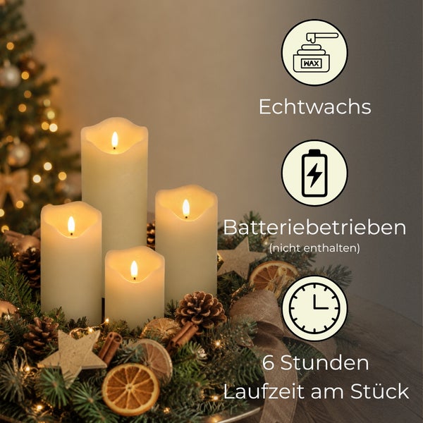 Vier LED-Echtwachskerzen auf einem Adventsgesteck. Batteriebetrieben und mit 6-Stunden-Timer-Funktion.